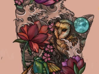 tattoo-sketch-owl-lotus-waves-dragonfly-sleeve-colored-digital-terry-ribera-san-diego