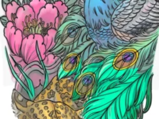 tattoo-sketch-peacock-leopard-peony-sleeve-colored-digital-terry-ribera-san-diego