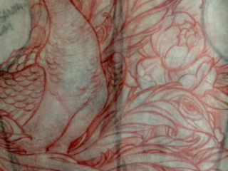 tattoo-sketch-peacock-peony-ornamental-chest-red-pencil-stencil-terry-ribera-san-diego