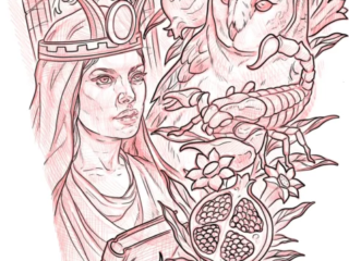 tattoo-sketch-persephone-goddess-owl-snake-pomegranate-red-pencil-terry-ribera-san-diego