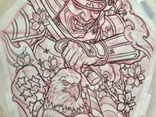 tattoo-sketch-samurai-hannya-eagle-cherry-blossom-red-pencil-terry-ribera-san-diego