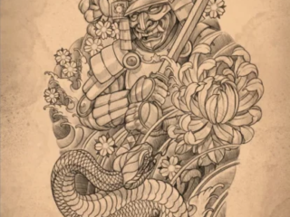 tattoo-sketch-samurai-snake-chrysanthemum-pencil-terry-ribera-san-diego