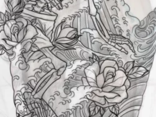 tattoo-sketch-skeleton-waves-roses-sleeve-digital-terry-ribera-san-diego