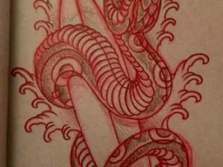 tattoo-sketch-snake-dagger-waves-red-pencil-terry-ribera-san-diego