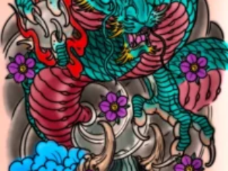tattoo-sketch-teal-dragon-hannya-peony-sleeve-colored-digital-terry-ribera-san-diego