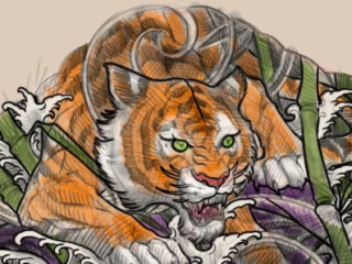 tattoo-sketch-tiger-bamboo-waves-colored-sketch-terry-ribera-san-diego