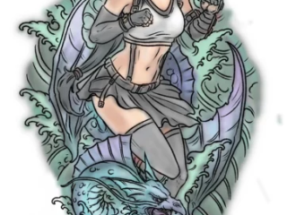 tattoo-sketch-warrior-woman-dragon-waves-sleeve-colored-digital-terry-ribera-san-diego