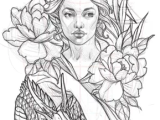 tattoo-sketch-woman-crane-dragon-peony-sleeve-pencil-terry-ribera-san-diego