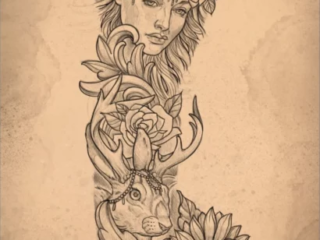 tattoo-sketch-woman-deer-rose-sunflower-sleeve-pencil-terry-ribera-san-diego