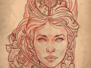 tattoo-sketch-woman-portrait-clock-roses-red-pencil-terry-ribera-san-diego