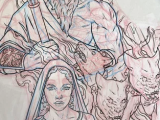 tattoo-sketch-zeus-god-madonna-demon-sleeve-red-blue-pencil-terry-ribera-san-diego