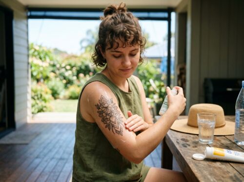Person applying healing ointment to a new tattoo for summer sun protection and hot weather aftercare.