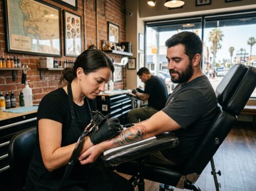 San Diego tattoo artist consulting client on custom ink design and tattoo pricing in studio