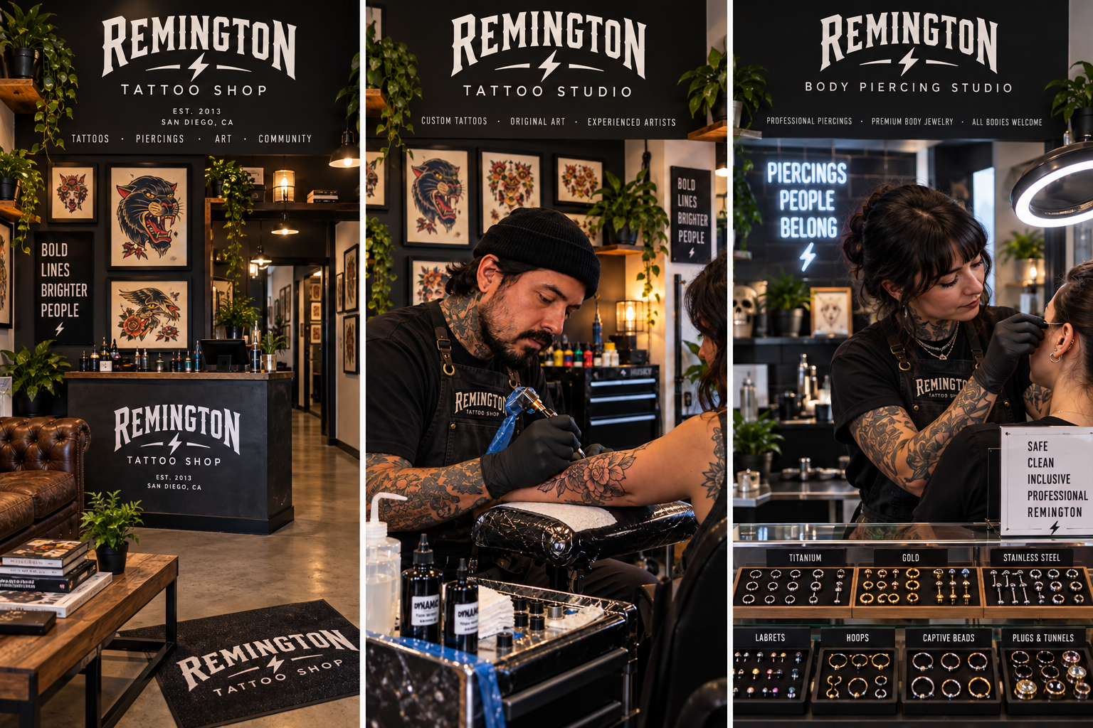 Comparison of a tattoo shop, tattoo studio, and body piercing studio interior with tattoo artists and body jewelry.
