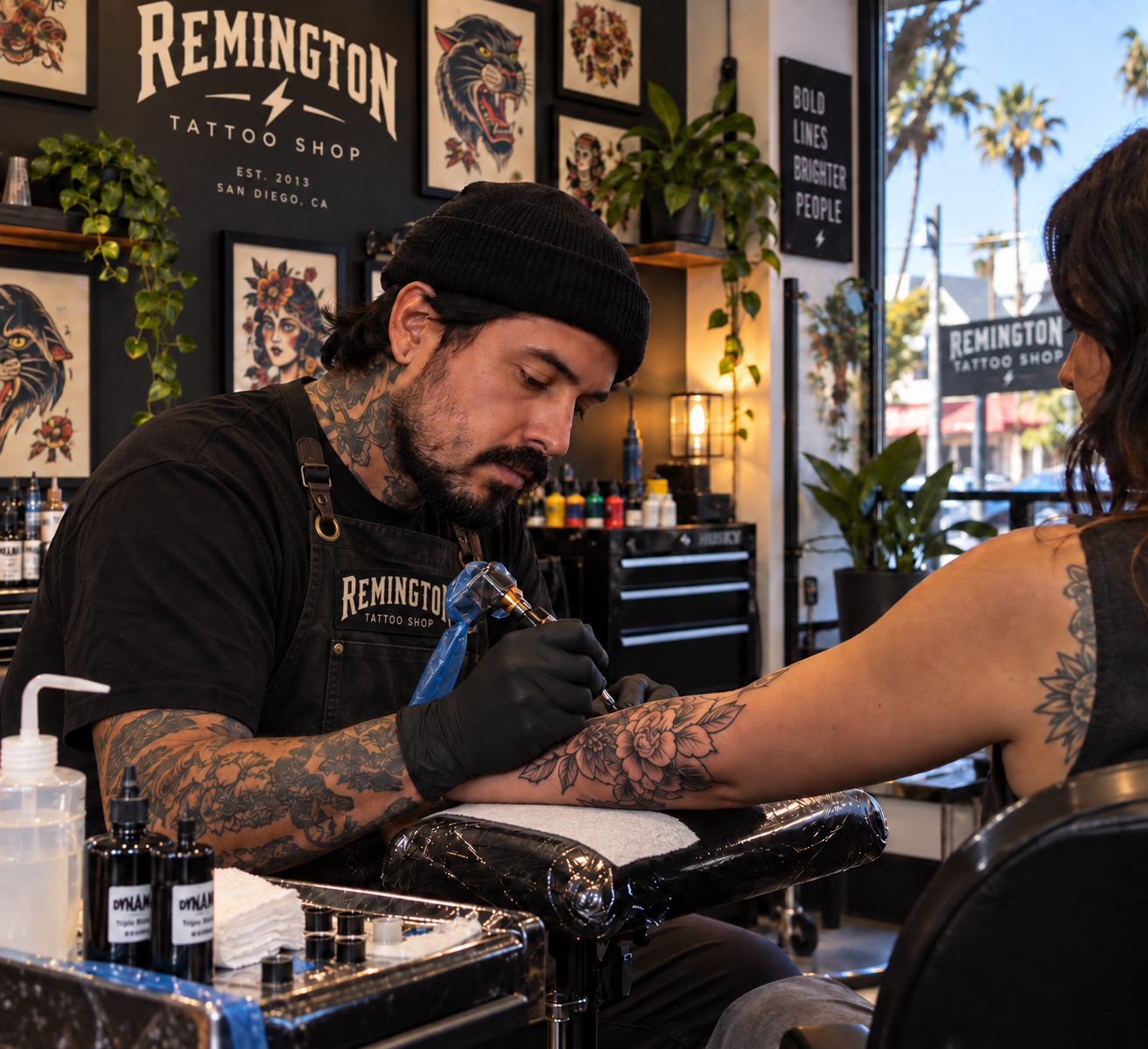 Tattoo artist inking a custom design on a client at a North Park San Diego tattoo shop.